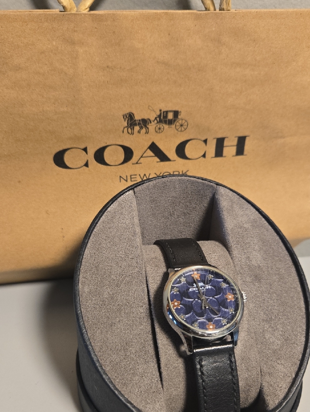Coach Women's Blue Floral Dial Silver-Tone Watch with Black Leather Strap - Picture 2 of 4